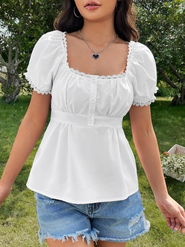 EZwear Cottagecore Camicetta peplum collo quadrato con manica a sbuffo orlo di pizzo