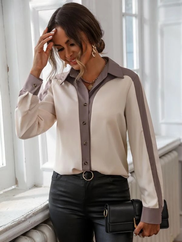 Camicia color block bottone frontale
