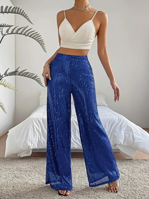 Pantaloni gamba larga vita alta paillettes