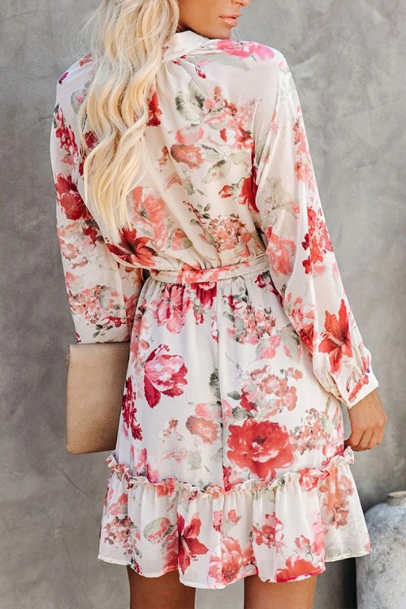 Neck Floral Printed Long-sleeved Mini Dress