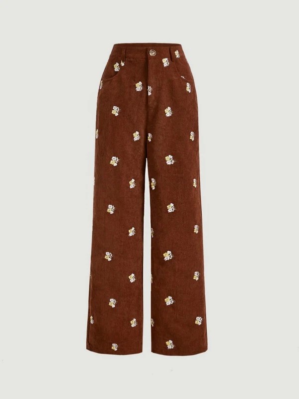 Pantaloni vita alta ricamo floreale tasca velluto a coste