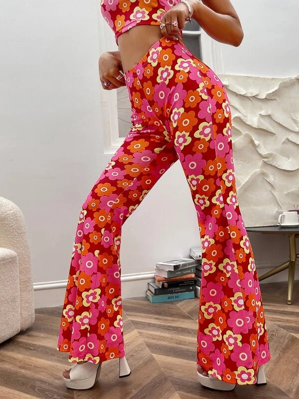 Pantaloni da donna stampati con motivo floreale bohemien