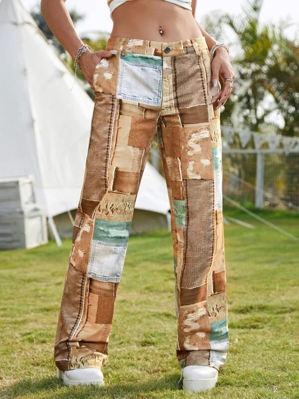 Pantaloni dritti cowgirl occidentale stampa patchwork
