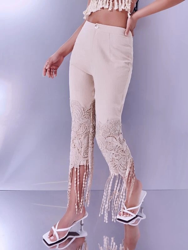 Pantaloni con orlo in pizzo guipure