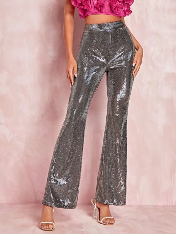 Pantaloni vita alta gamba svasata metallizzato