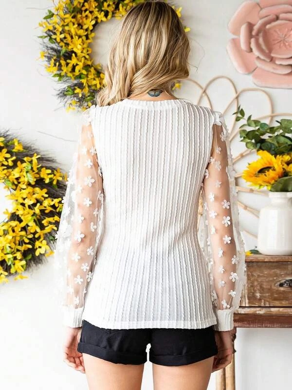 Top tulle a contrasto dettaglio appliques in maglia a coste