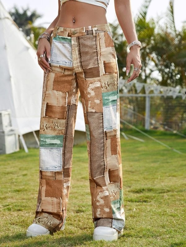 Pantaloni dritti cowgirl occidentale stampa patchwork