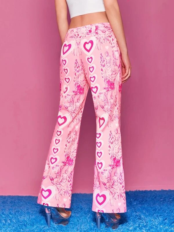 Pantaloni svasati vita bassa cuore con stampa figura gommino e fibbia