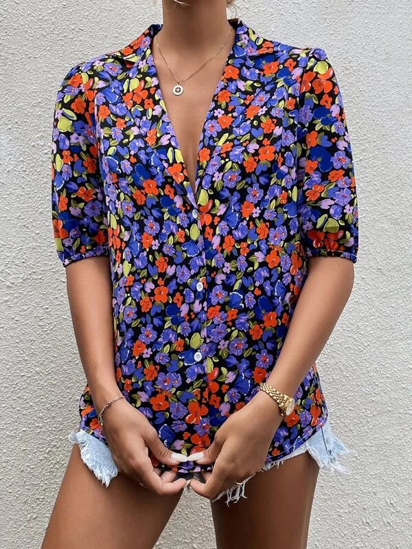 Camicia stamp floreale con manica a sbuffo