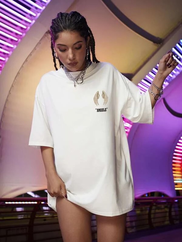 Maglietta oversized EZwear grafica lettera e ali