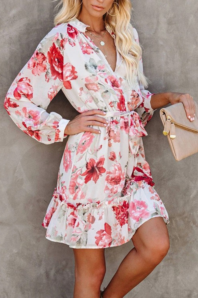 Neck Floral Printed Long-sleeved Mini Dress