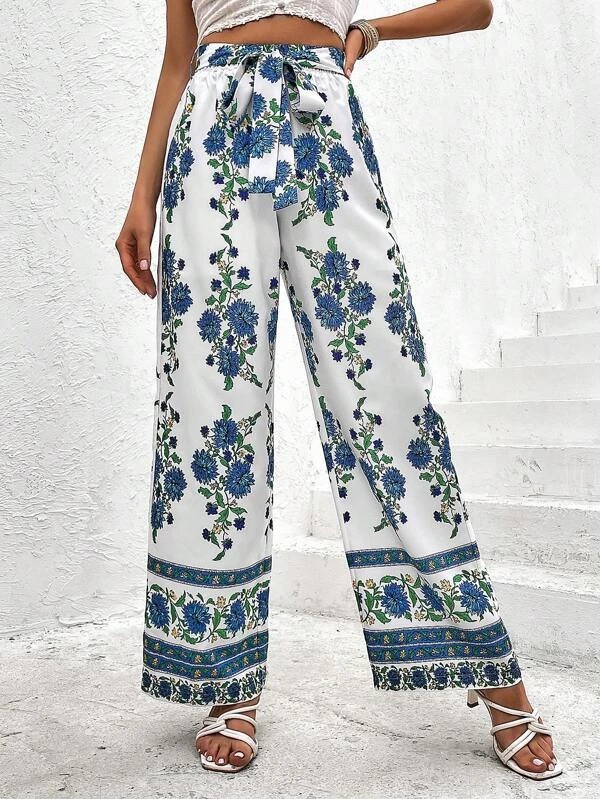 Pantaloni a gamba larga stampati floreali con cintura
