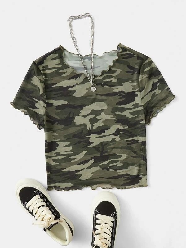 EZwear Top corto in stile gorpcore con stampa mimetica orlo lattuga