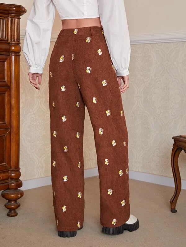Pantaloni vita alta ricamo floreale tasca velluto a coste