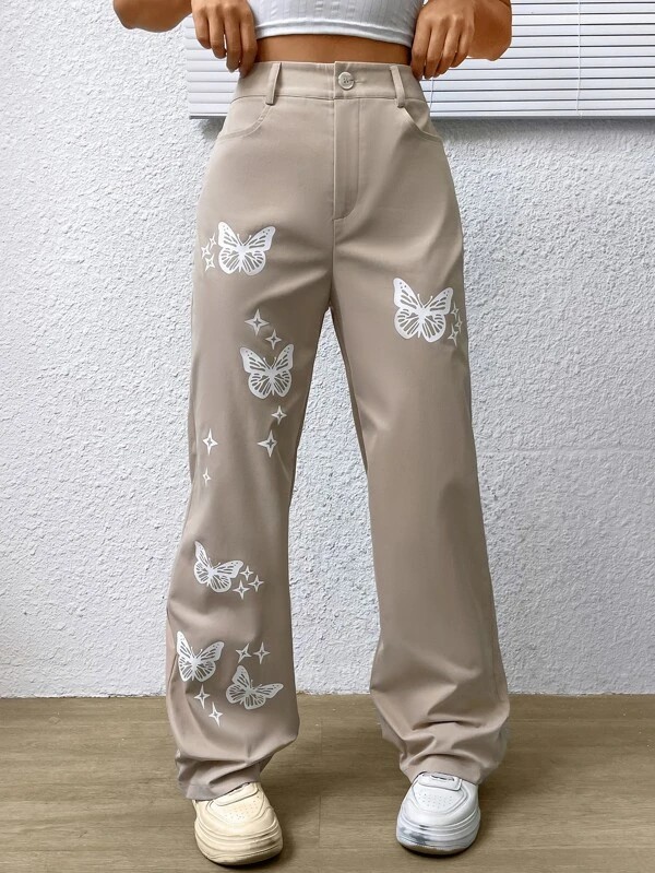 Pantaloni dritti stampati con farfalle
