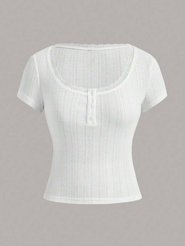 EZwear Maglietta orlo di pizzo con bottone frontale