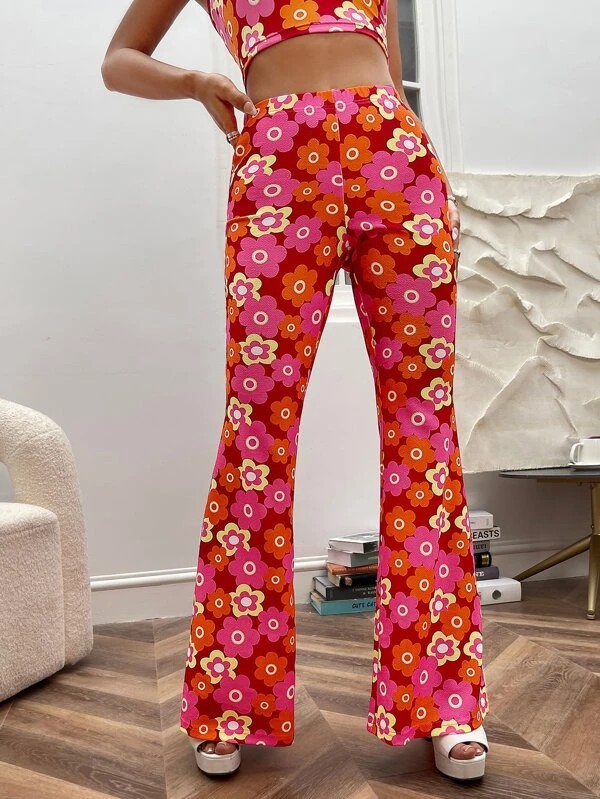 Pantaloni da donna stampati con motivo floreale bohemien
