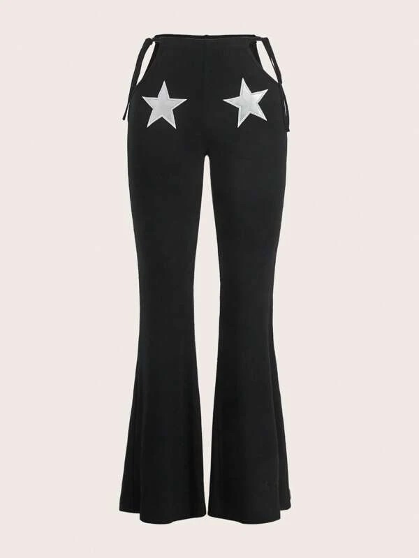 Pantaloni svasati stampa stella scavato lacci laterali