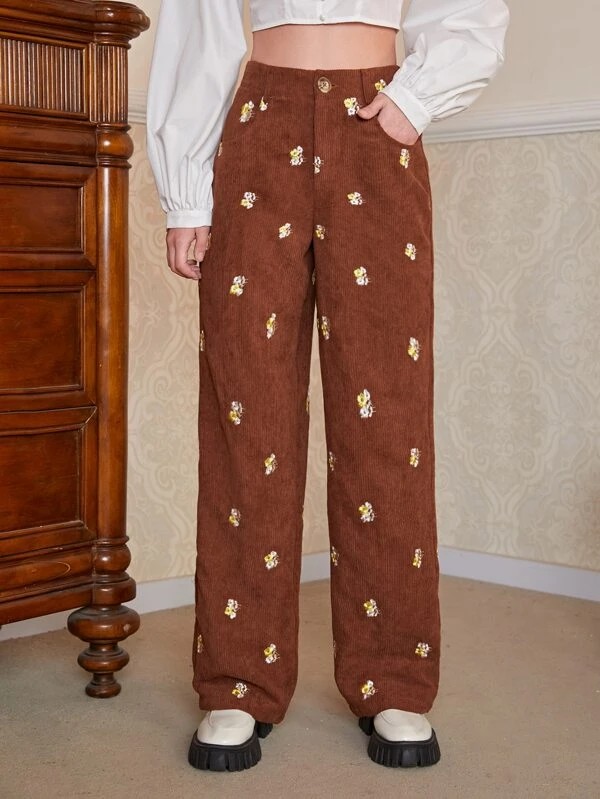 Pantaloni vita alta ricamo floreale tasca velluto a coste