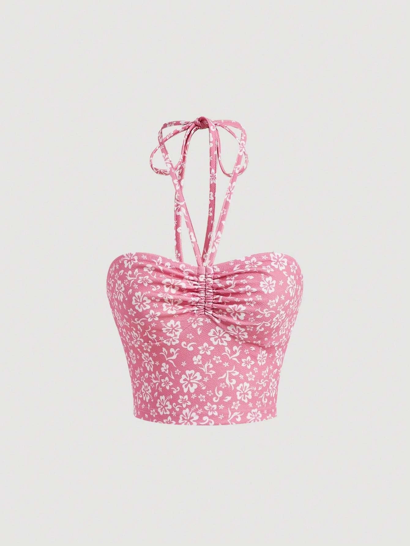 Top halter stampa floreale plissettato.