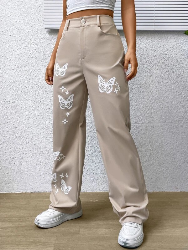 Pantaloni dritti stampati con farfalle
