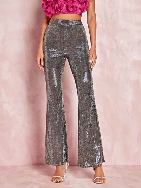 Pantaloni vita alta gamba svasata metallizzato