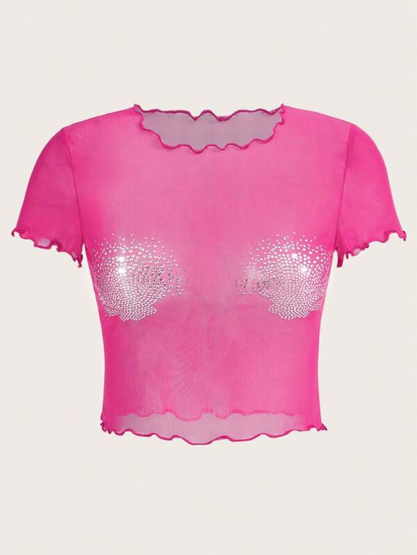 ICON Top con strass modello conchiglia orlo lattuga mesh