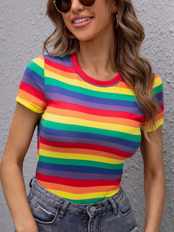 Unity Magliette Righe di arcobaleno Casual