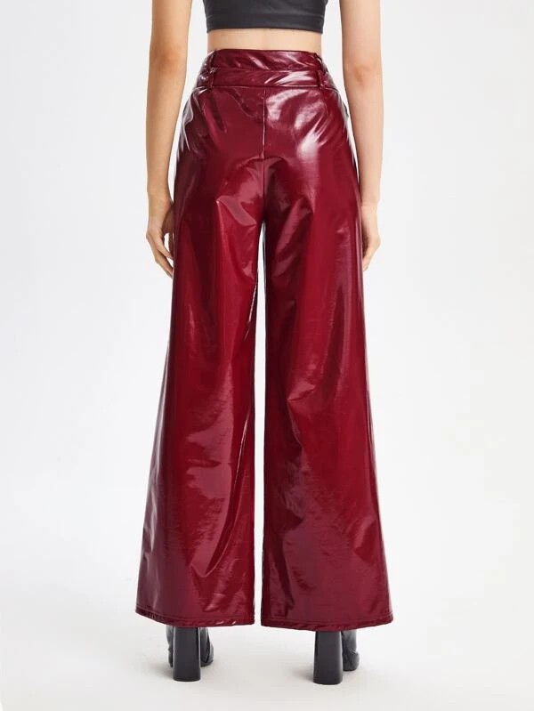 Pantaloni gamba larga bottone frontale pelle sintetica