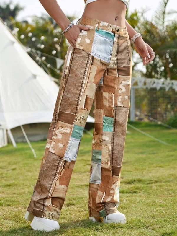 Pantaloni dritti cowgirl occidentale stampa patchwork