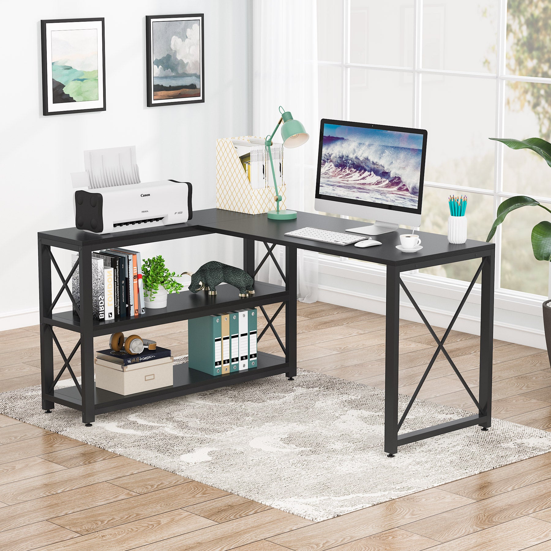 Reversible L-Shaped Desk, Corner Computer Desk with Shelves