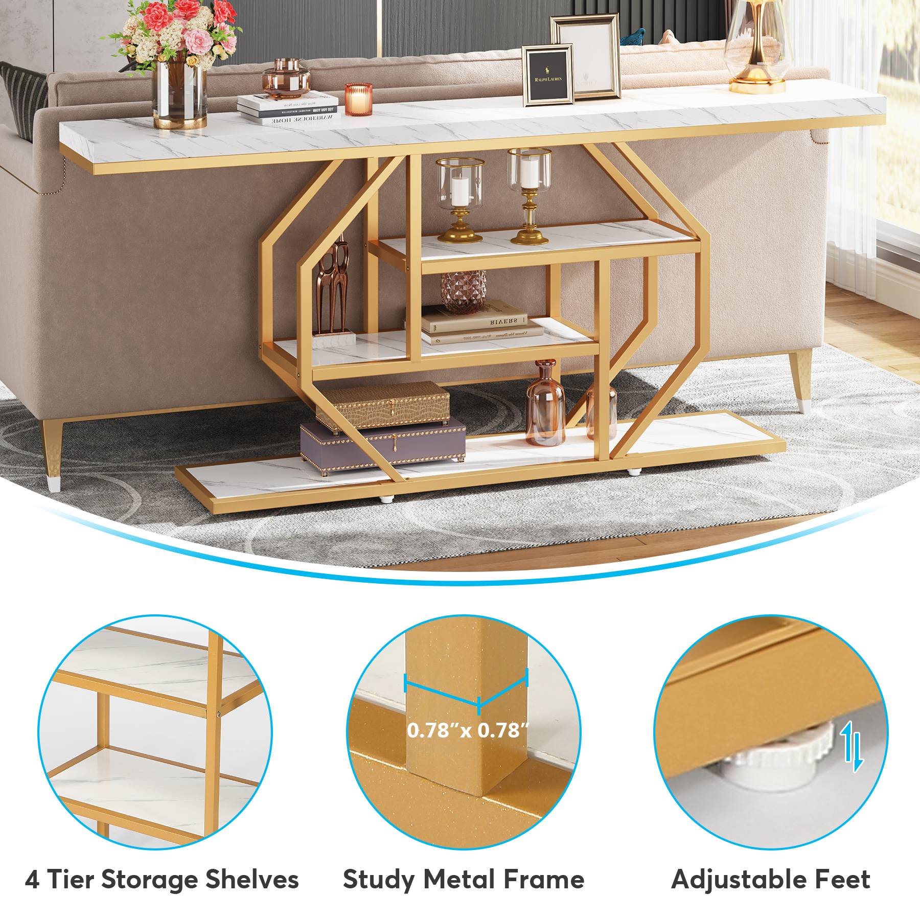 4-Tier Console Table, 70.9 inch Sofa Table Accent Table with Storage Shelves