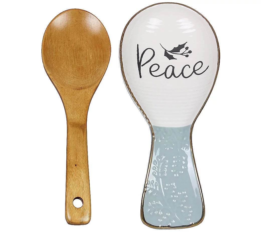 Young's Inc. Ceramic White Winter Spoon Rest wi th Bamboo Spoo