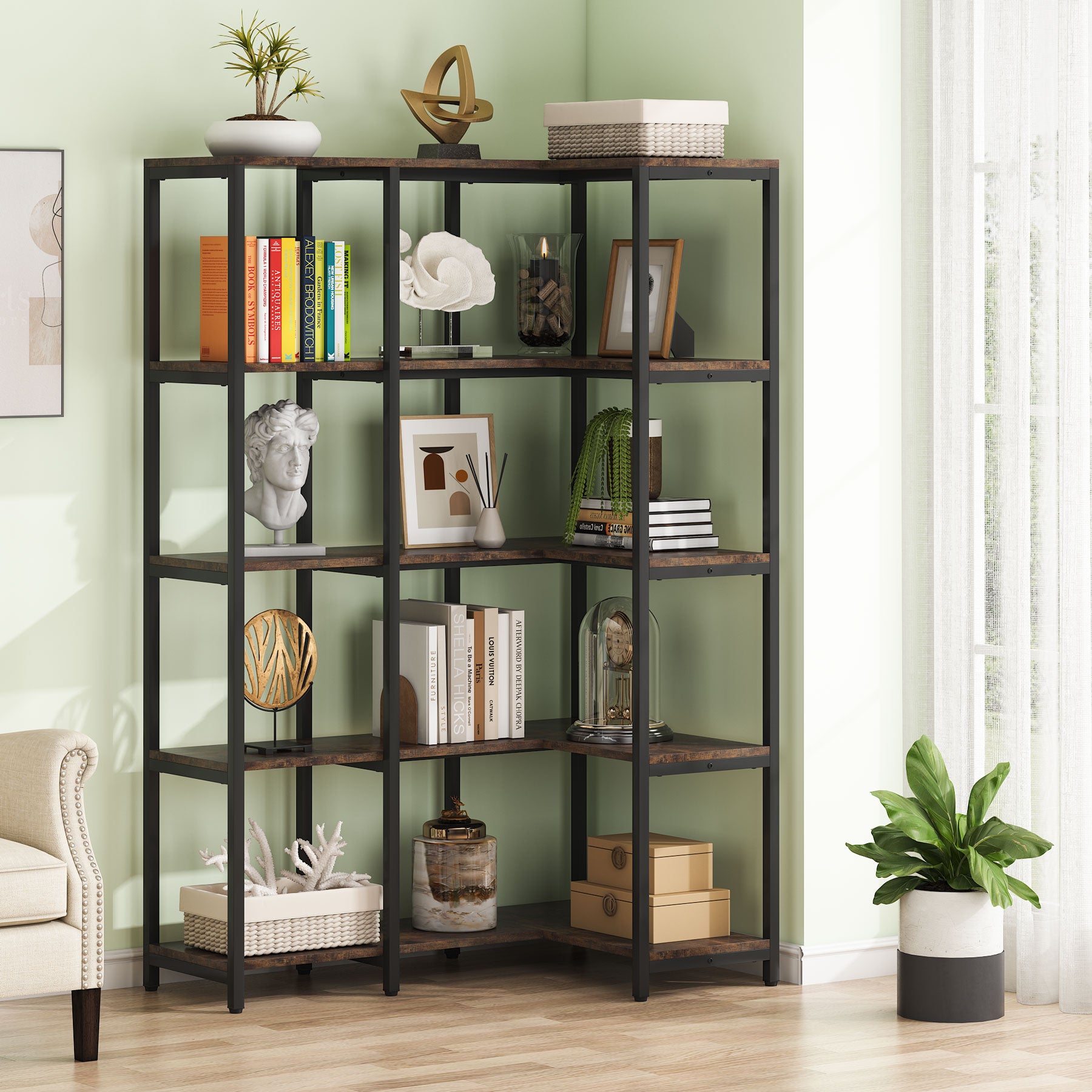 5-Shelf Corner Bookshelf, Reversible L-shaped Corner Etagere Bookcase