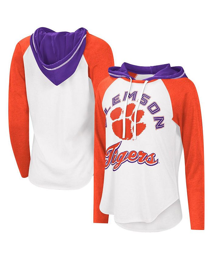 Women's White and Orange Clemson Tigers From the Sideline Raglan Hoodie Long Sleeve T-shirt