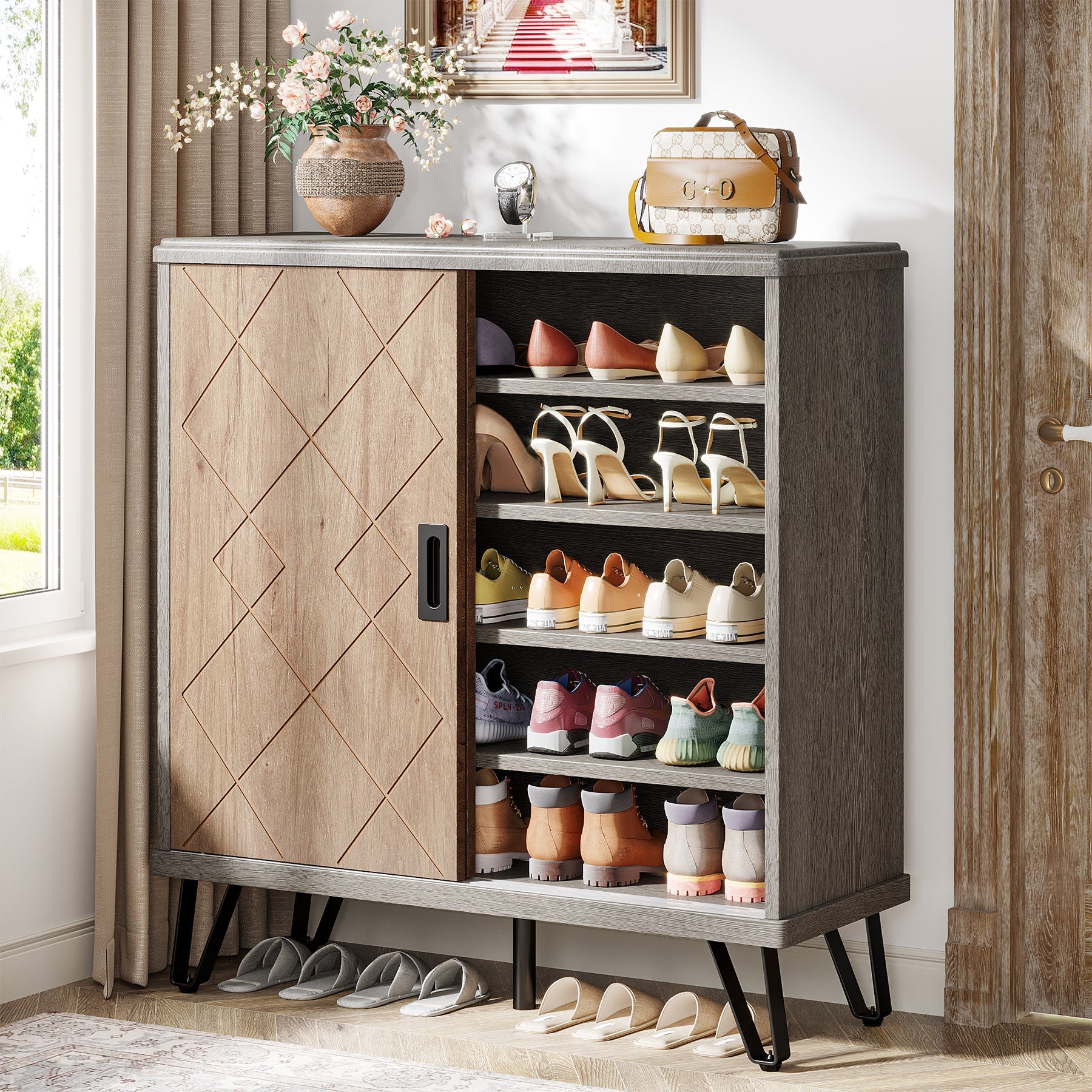 5-Tier Shoe Cabinet with Sliding Doors, Wood Shoe Organizer with Metal Legs