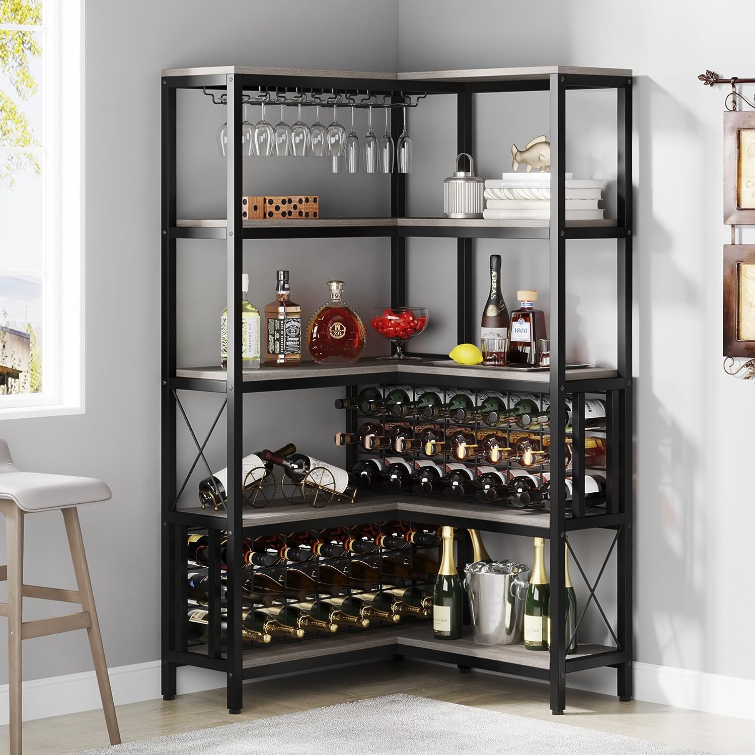 Corner Wine Rack, Freestanding Bar Cabinets for Liquor and Glasses Storage