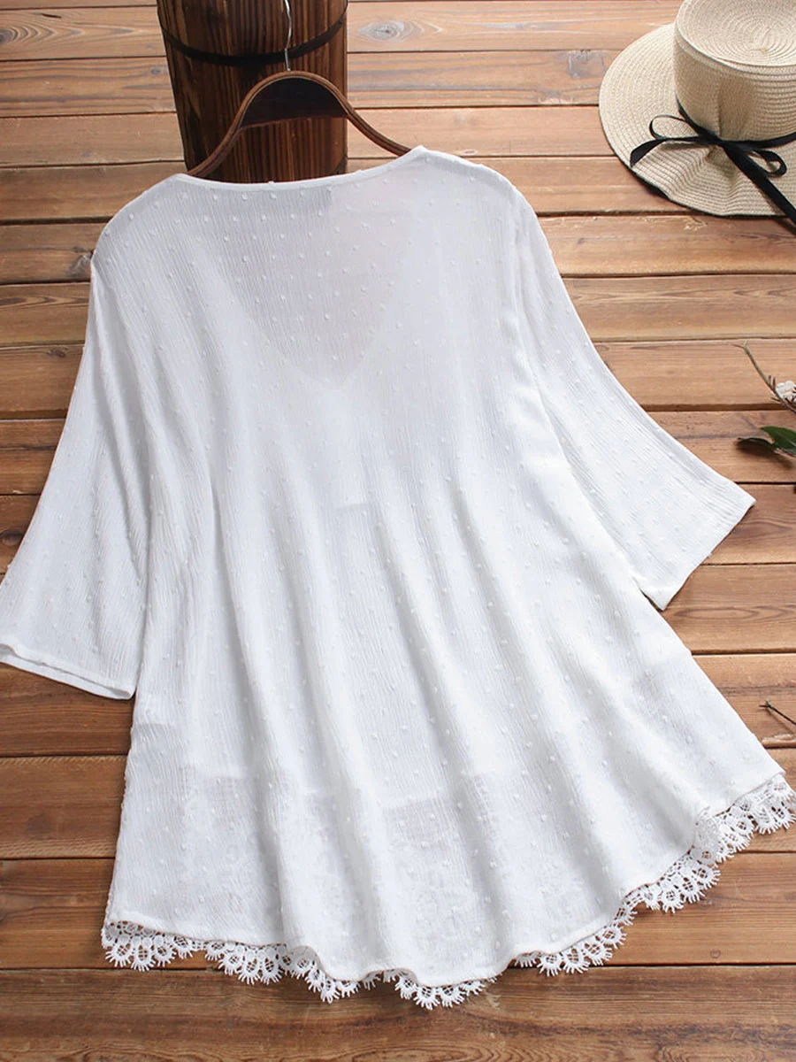 V-neck Casual Loose Lace Panel Sunscreen Mid-sleeve Blouse