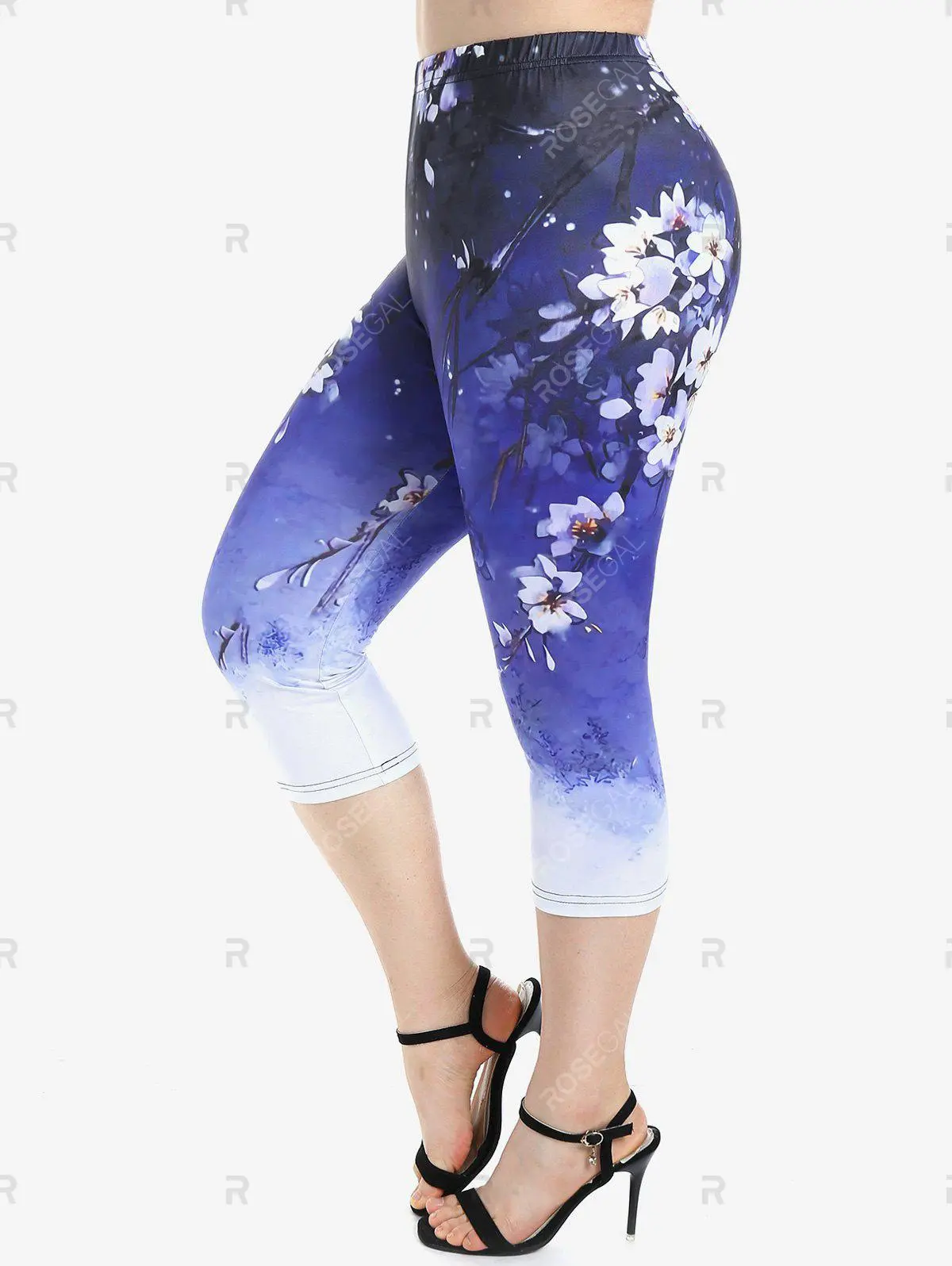 Floral Print Tee and High Waist Capri Leggings Plus Size Outfit