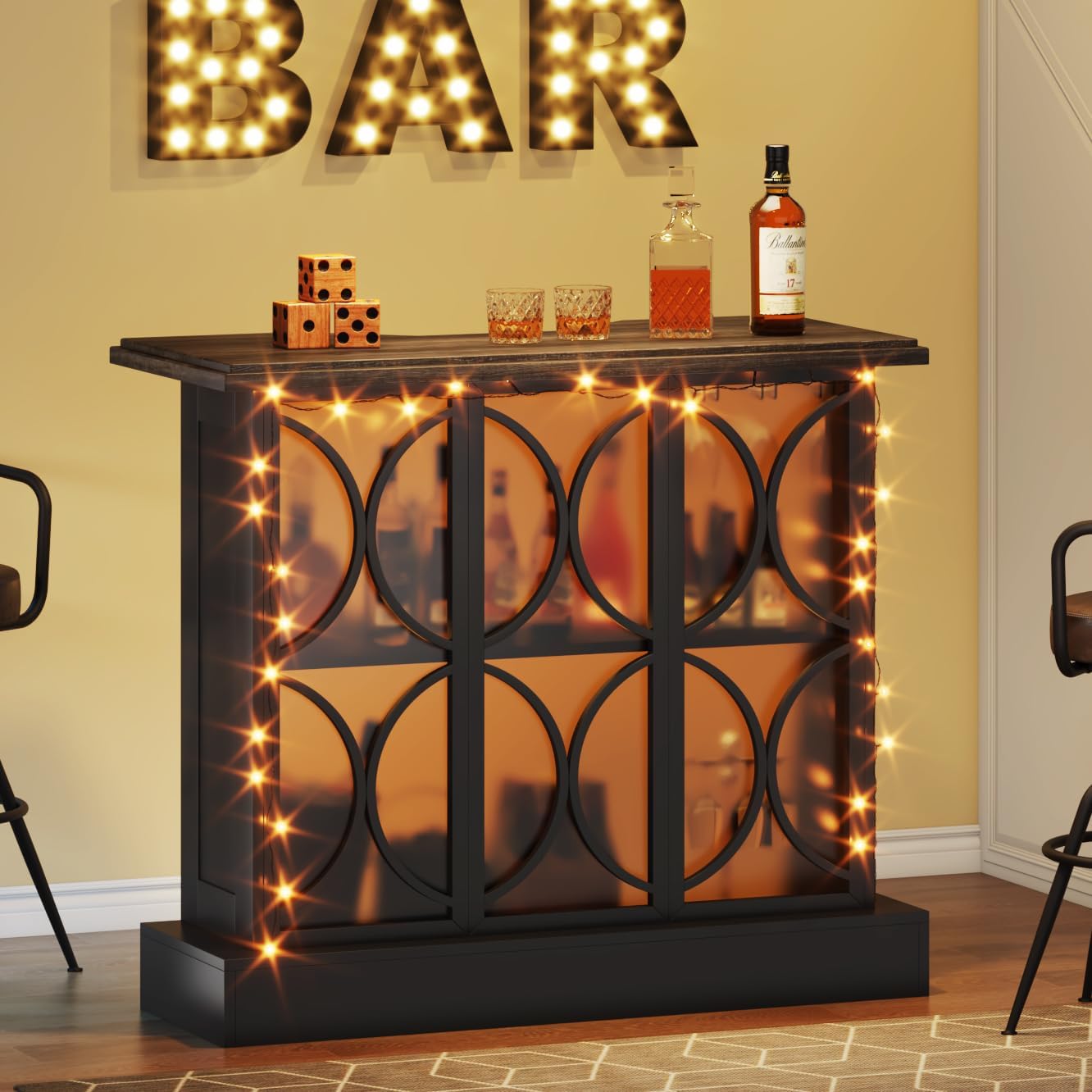 3-Tier Home Bar Unit, Liquor Bar Table with Glasses Holder & Acrylic Front