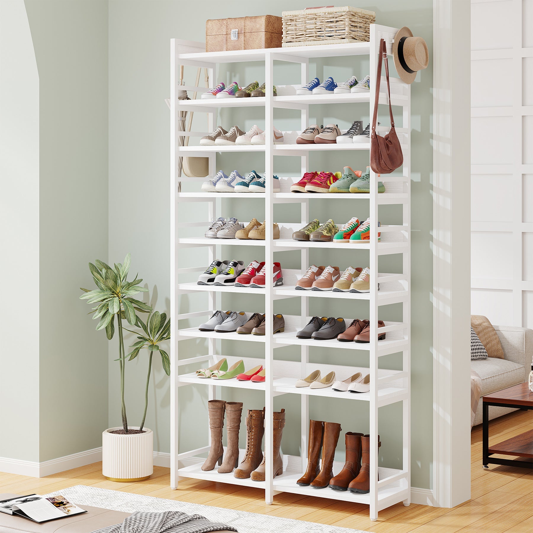 9-Tier Shoe Rack, 36 Pairs Shoe Storage Shelf with Side Hooks