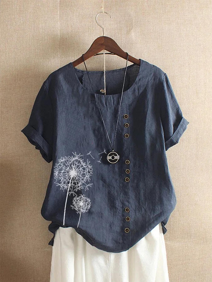 Women's Cotton Linen Fashion Dandelion Print Round Neck Short Sleeve T-Shirt