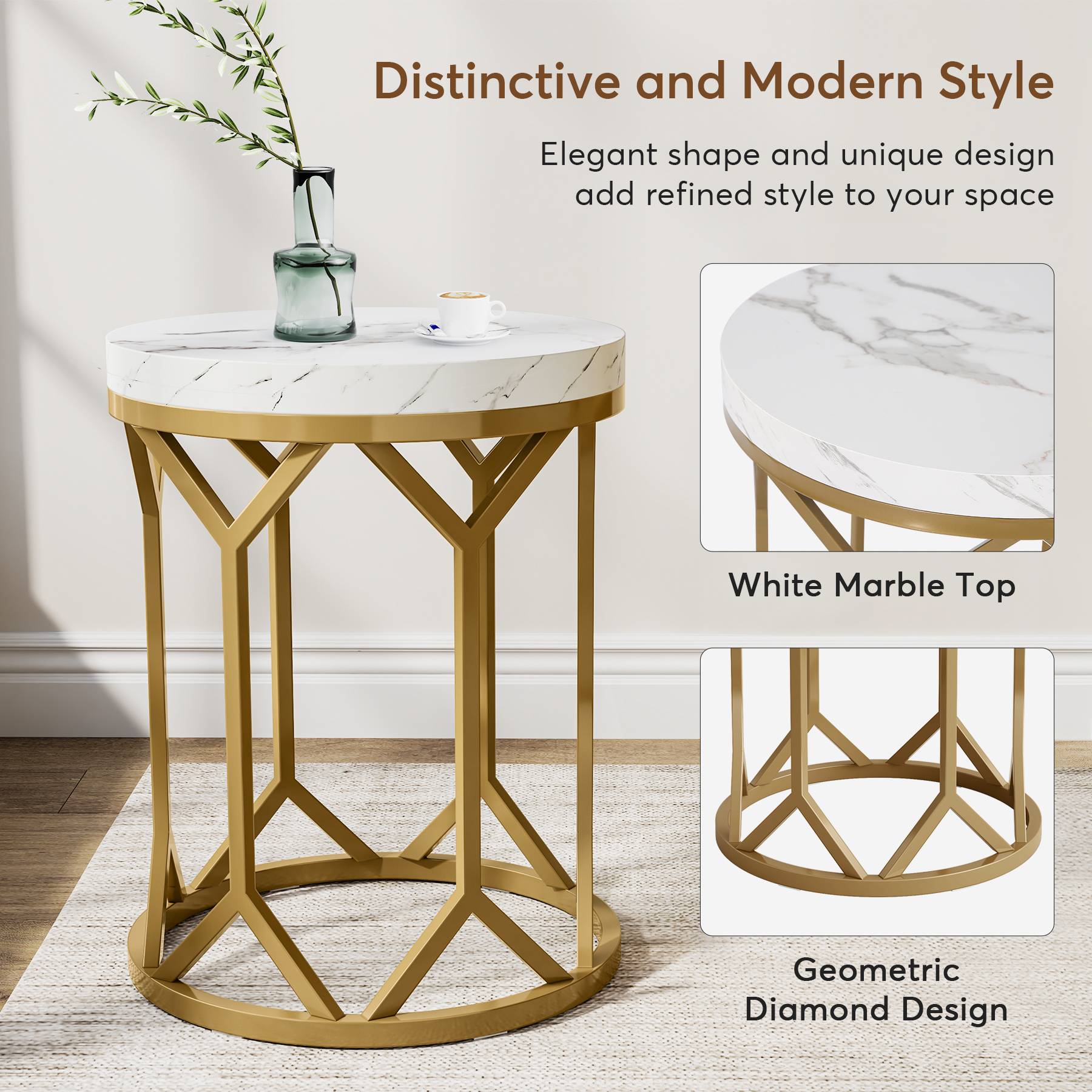 Modern End Table, Round Faux Marble Side Table for Living Room