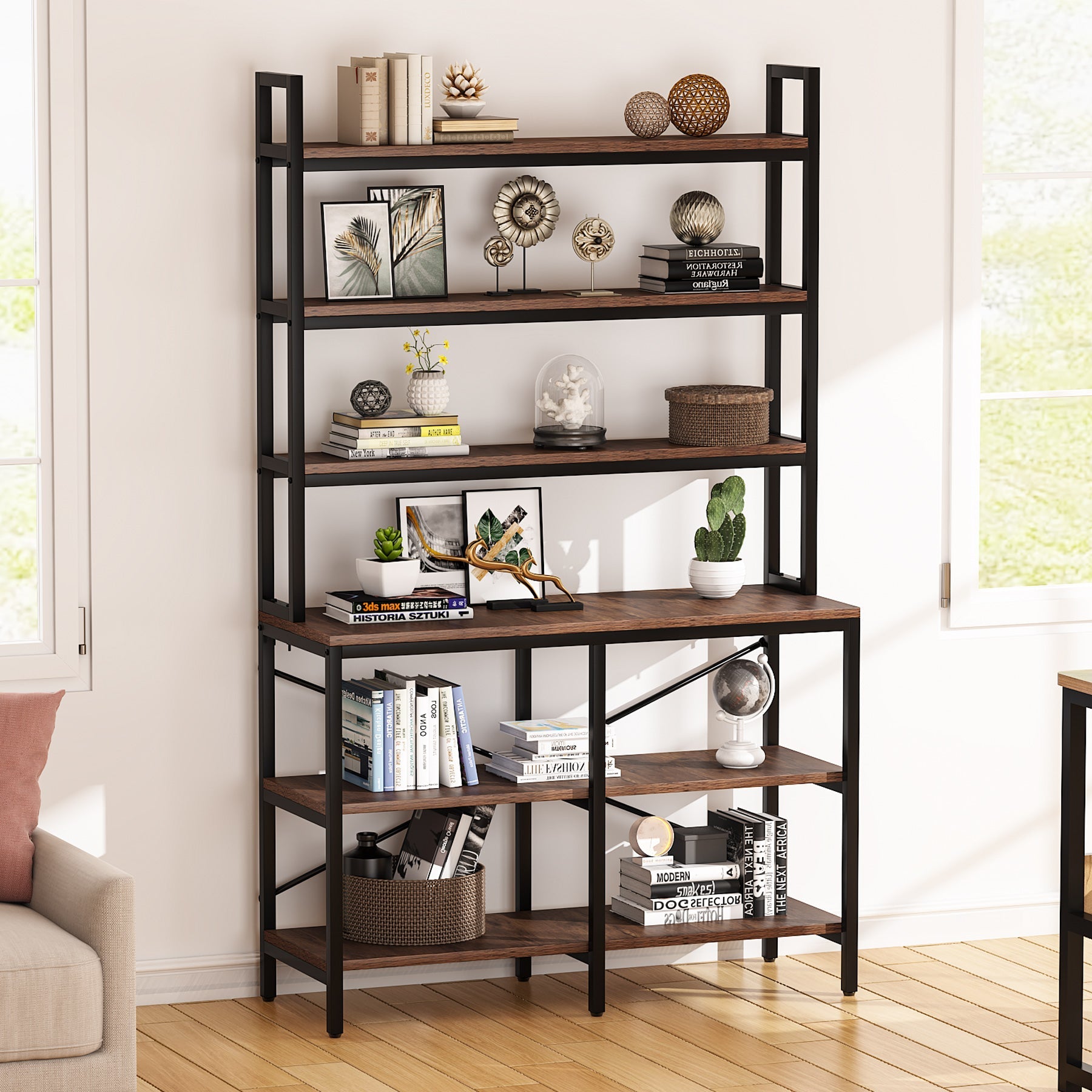 6-Tier Bookshelf, Industrial Etagere Bookcase Storage Rack