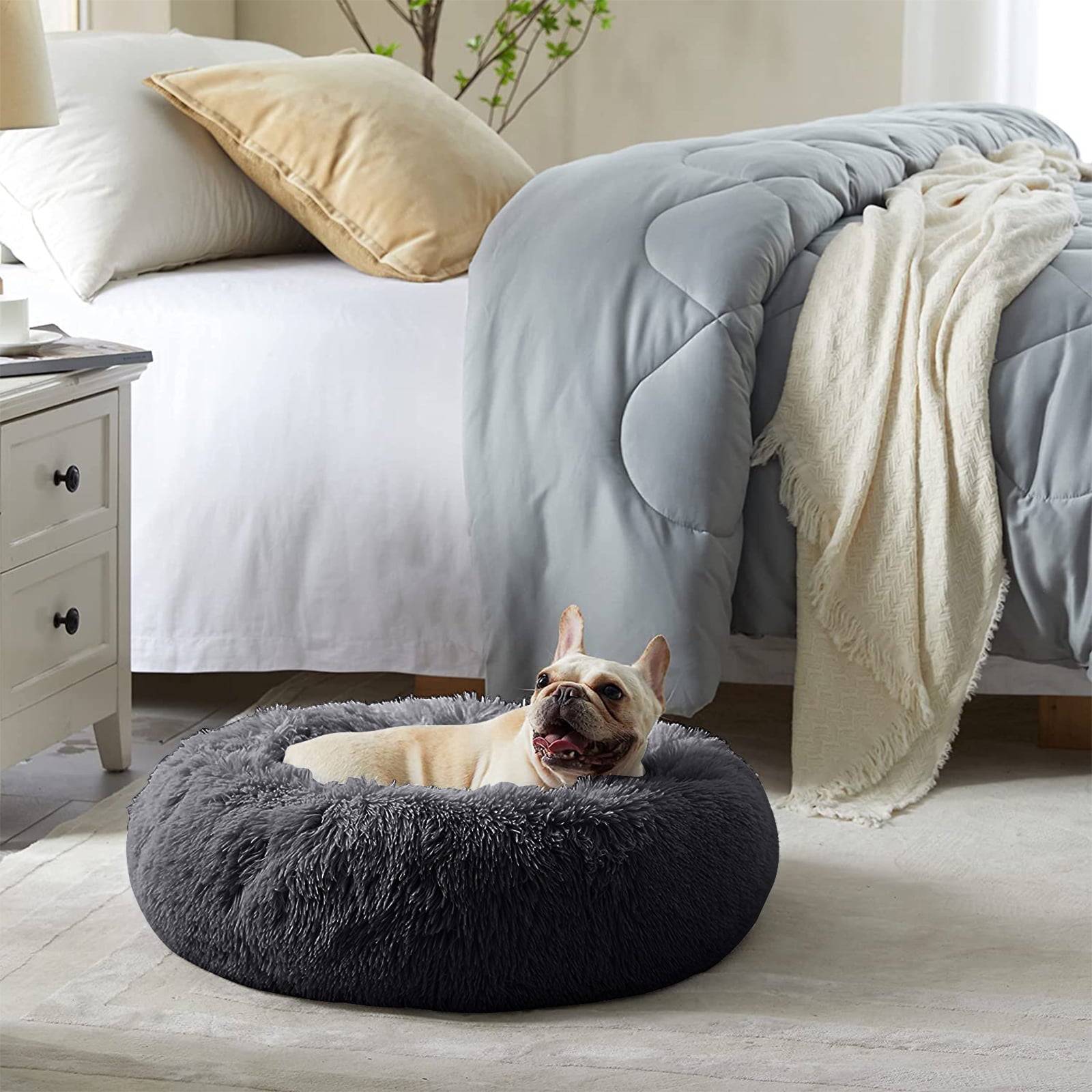 Nisrada Cat Beds for Indoor Cats，20 inch Pet Bed for Small Dogs and Cats， Washable-Round Pet Bed for Puppy and Kitten with Soft Fluffy Warm and Cozy (20 inch， Dark Gray)