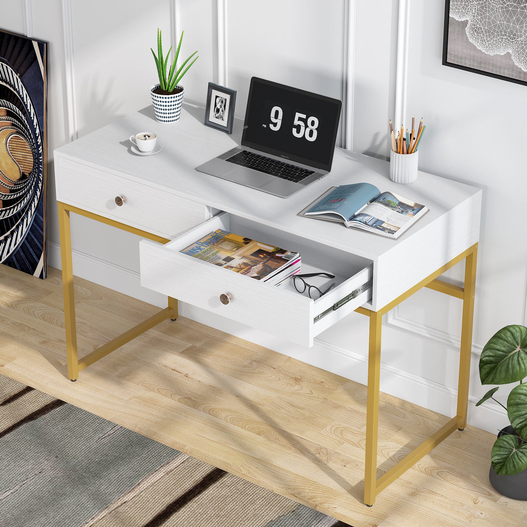 Modern Computer Desk with 2 Drawers, 47“ Simple Study Writing Desk