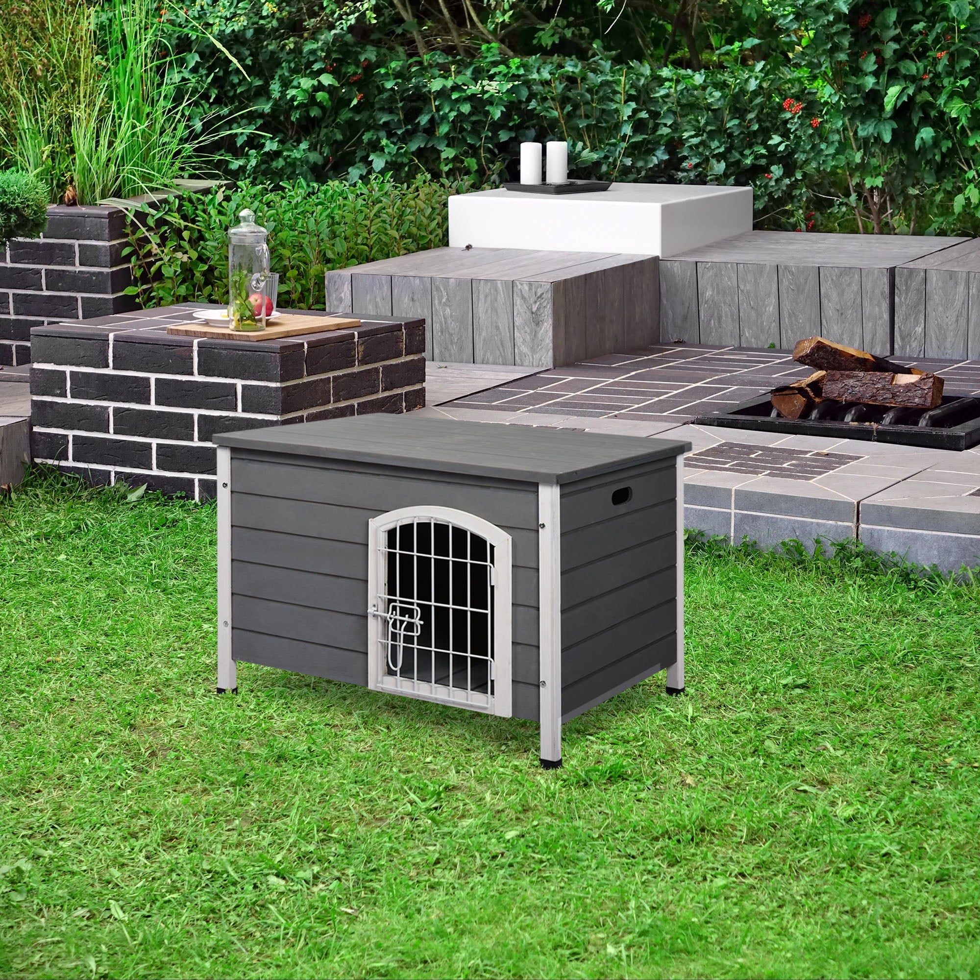 Pawhut 21'' Wooden Decorative Dog Cage Kennel Wire Door with Lock Small Animal House with Openable Top Removable Bottom Gray