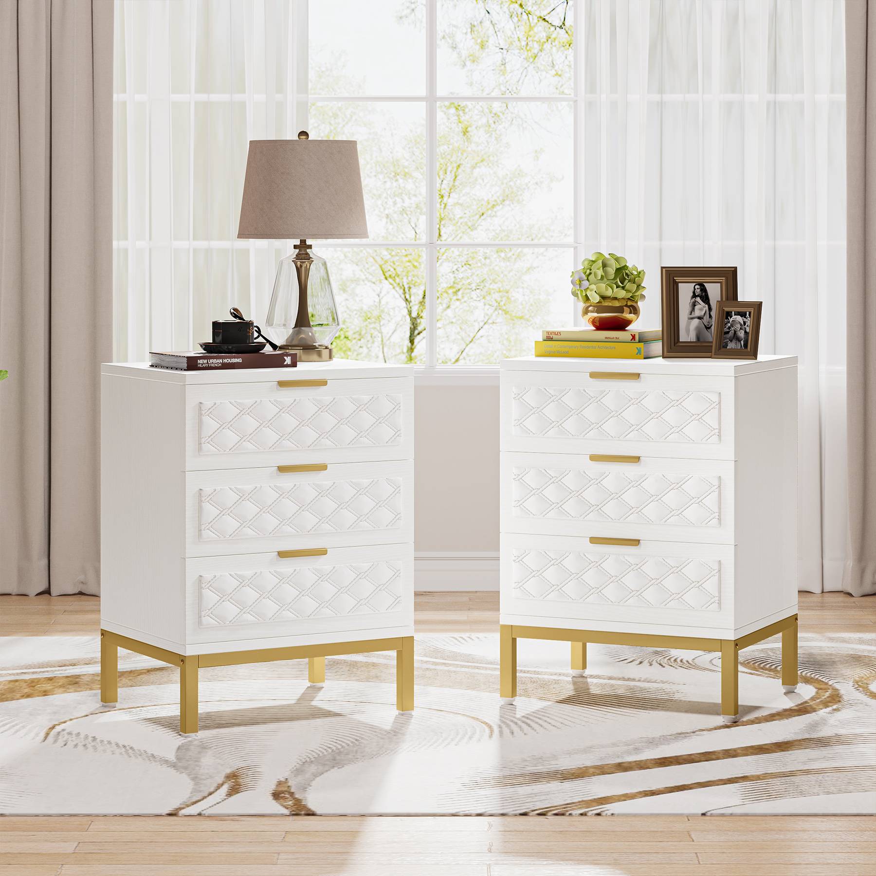 3-Drawer Nightstand, Modern Beside Table End Table with Golden Legs