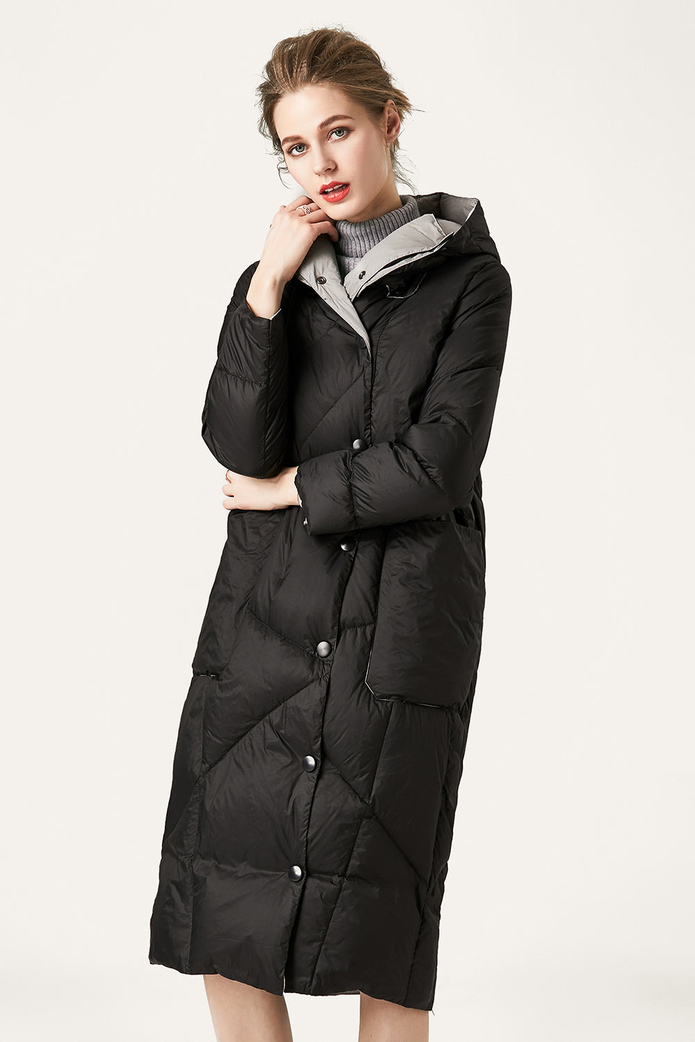 Black Button Quilted Hooded Long Puff Jacket