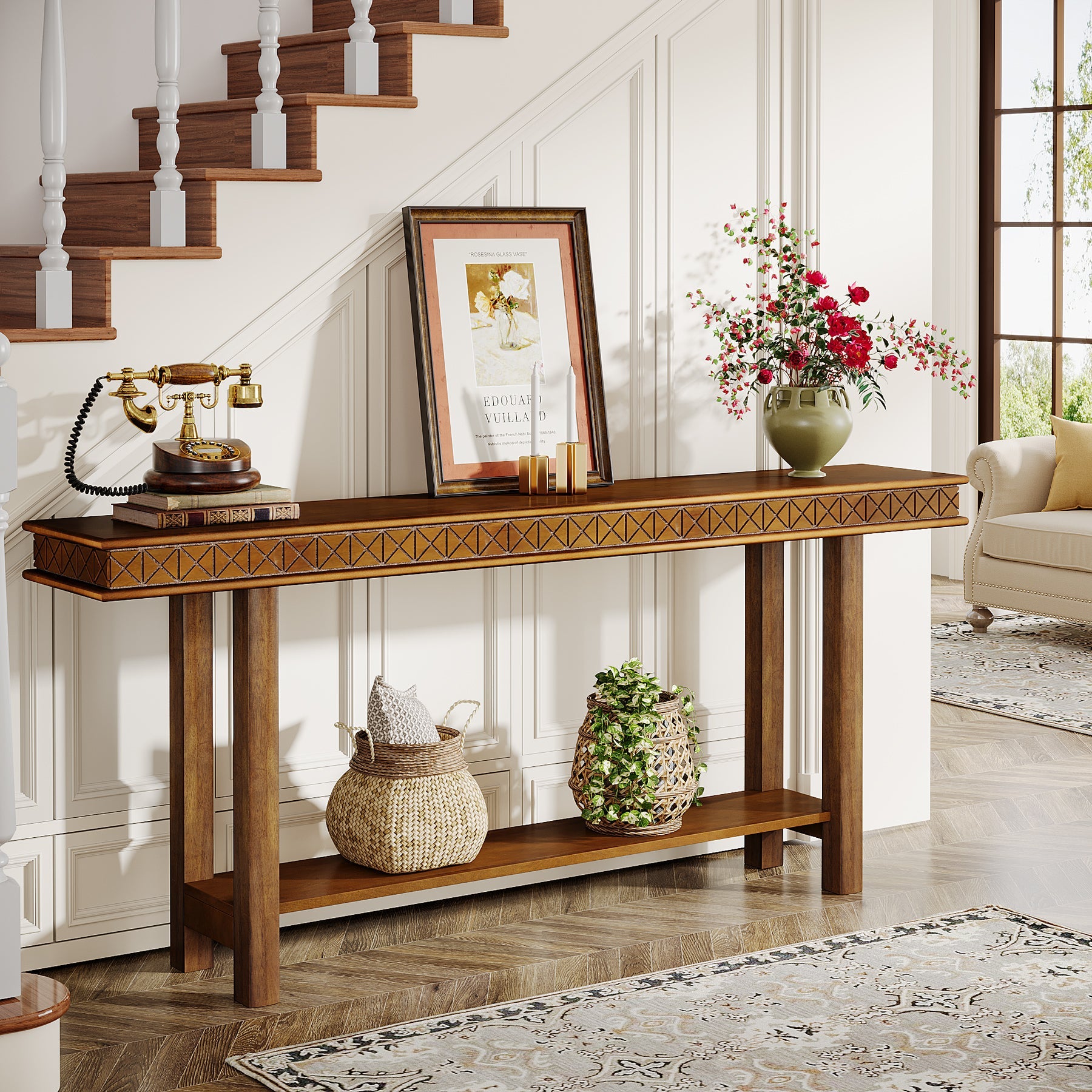 70.9-Inch Console Table, Wood 2-Tier Sofa Table Long Entryway Accent Table